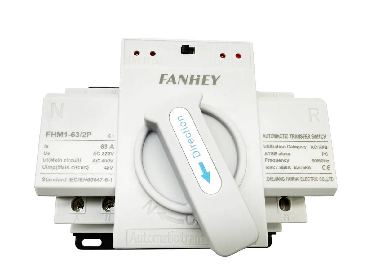 Cầu dao đảo chiều tự động ATS 2p 63A Fanhey bộ chuyển đổi 2 nguồn điện tự động 63A 1 Pha FHM1-63/2P