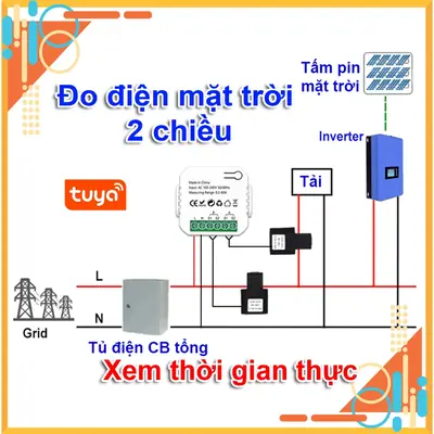 Đồng hồ đo năng lượng mặt trời 2 chiều Đo Năng lượng mặt trời sản xuất và tải tiêu thụ App Tuya xem thời gian thực CT mở