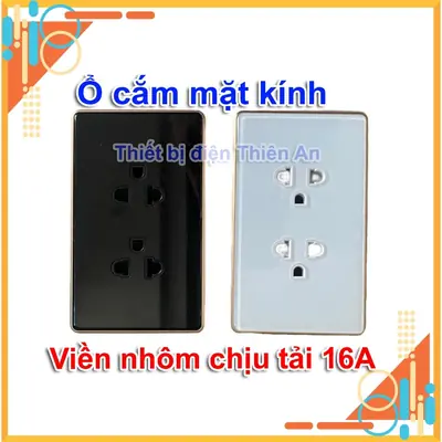 Ổ cắm mặt kính cường lực viền nhôm cao cấp 2 màu đen trắng chịu tải cao 16A Ổ cắm 3 chấu mặt kính