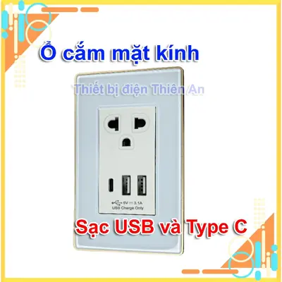 Ổ cắm điện âm tường chữ nhật mặt kính cường lực viền nhôm đa năng 1 ổ cắm 2 cổng usb 1 cổng Type C viền nhôm