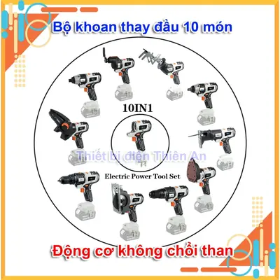 Máy khoan pin đa năng 21V không chổi than thay đầu trọn bộ 10 món thông dụng phù hợp cho gia đình